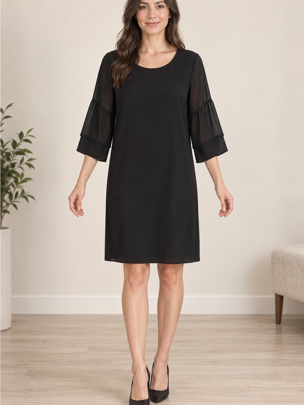 Amazon Black Layered-Ruffle Sleeve Shift Dress